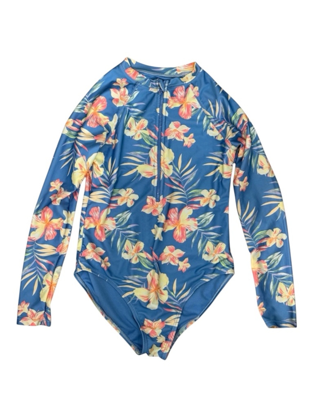 Wonder Nation Girl's Long Sleeve Front Zip Floral Swimsuit Rash Guard Size 10/12
